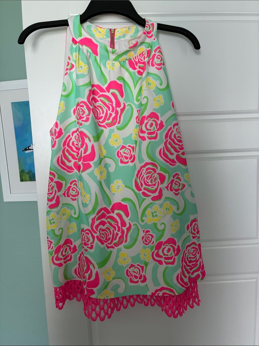 Sail to Sable Mint Pink Floral Halter Tunic with Pink Crochet Hem